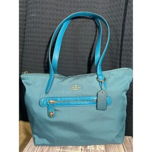 Coach Teal Nylon Leather Trim Zip Top Tote Bag